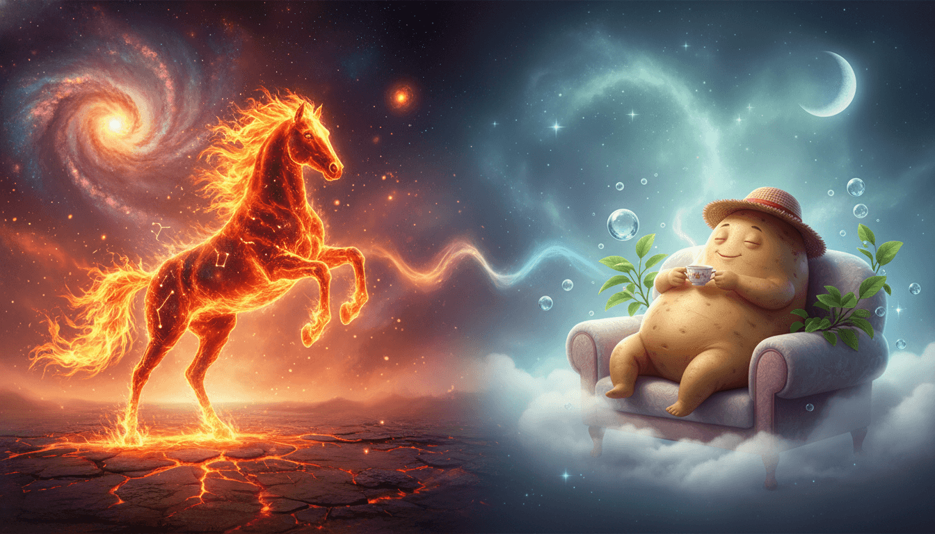 A fiery horse contrasting a calm potato for an astrology vibe check.