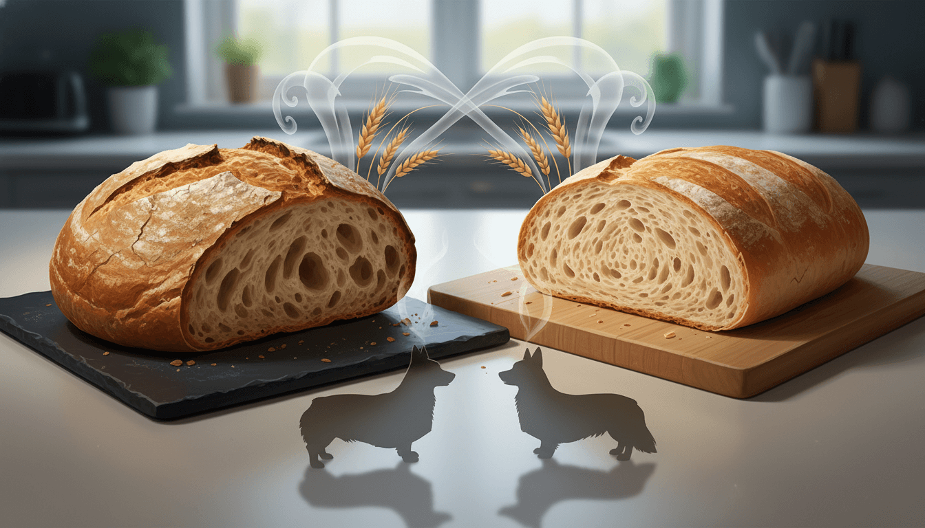 Two corgi-shaped loaves of bread comparing Pembroke and Cardigan characteristics.