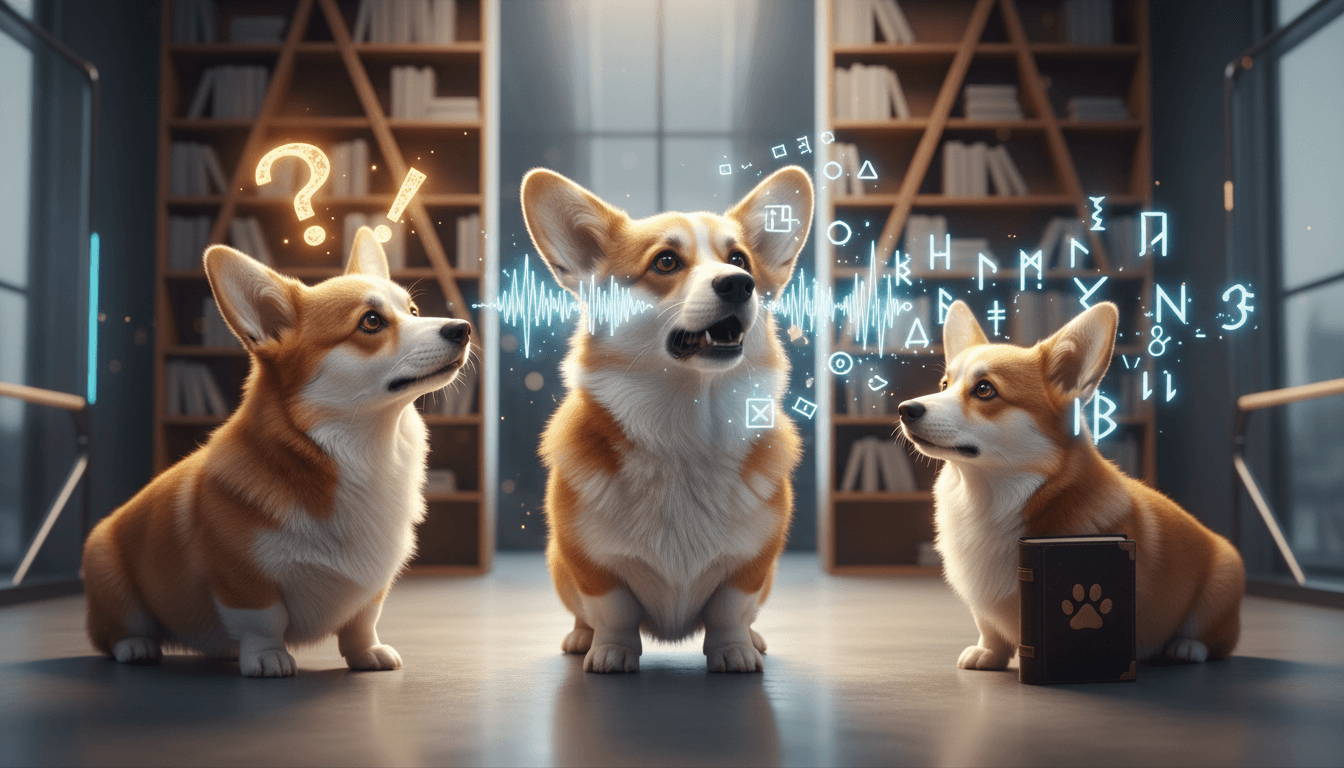 Fluffy corgi sitting beside a dictionary titled 'Corgi Talk'.