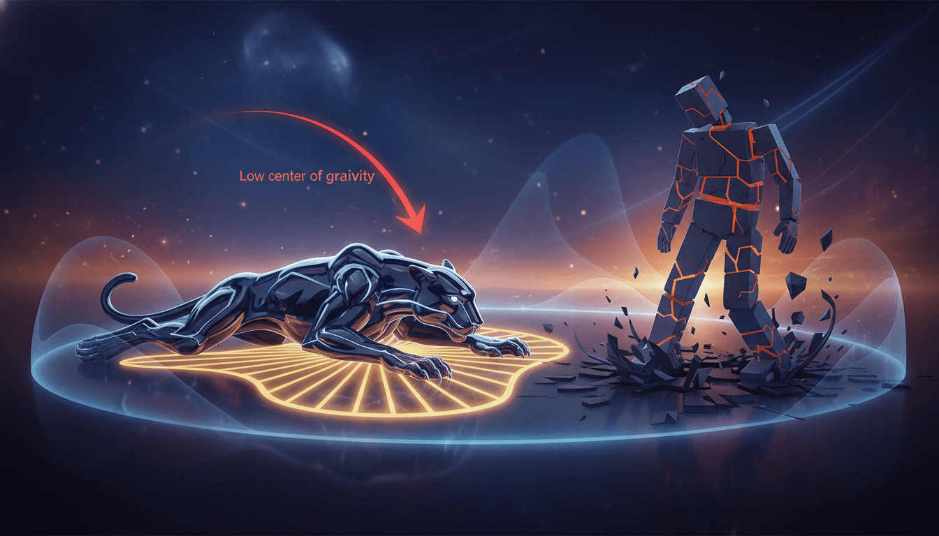 Dog in a sploot pose, illustrating the physics of stability from a low center of gravity.