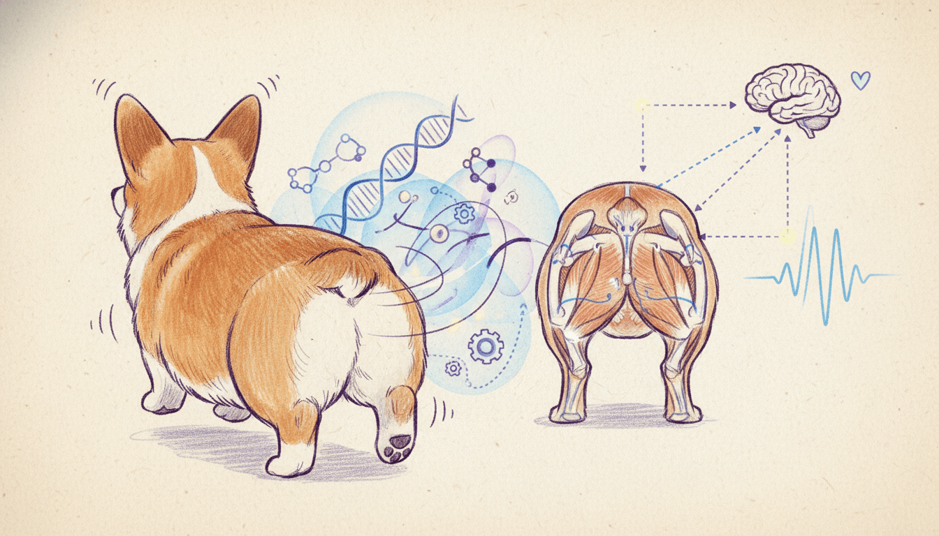Corgi wiggling its butt, surrounded by scientific diagrams.