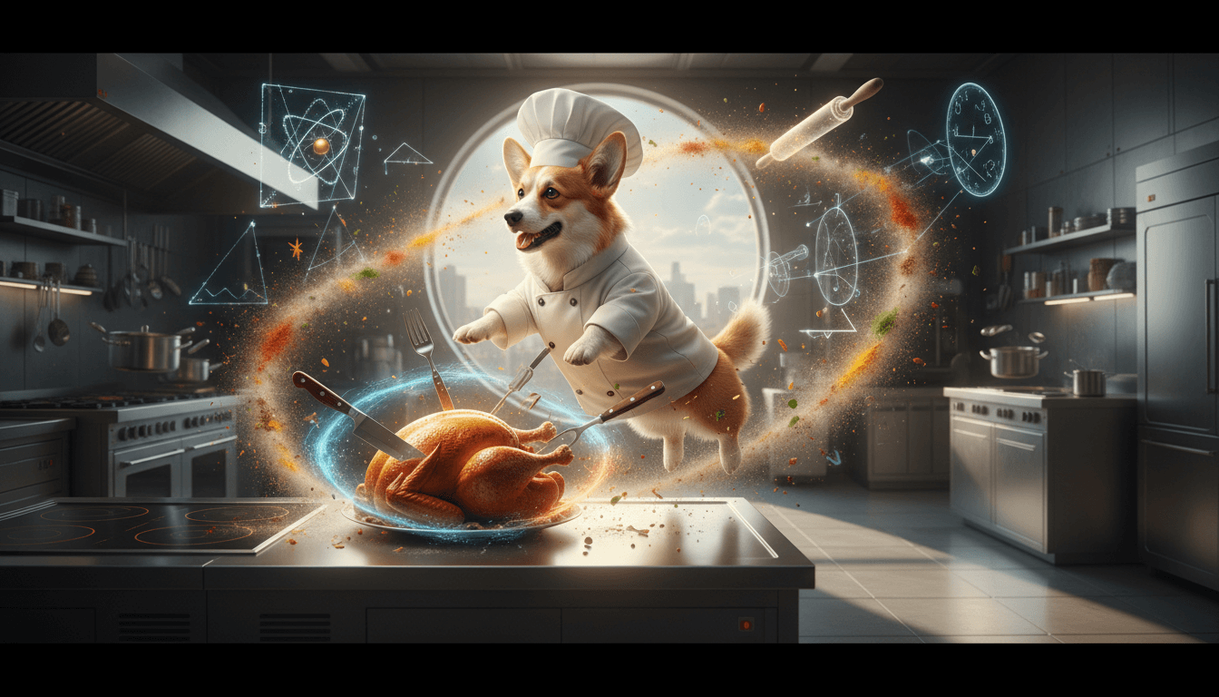 Corgi chef in a toque and apron, surrounded by physics equations.