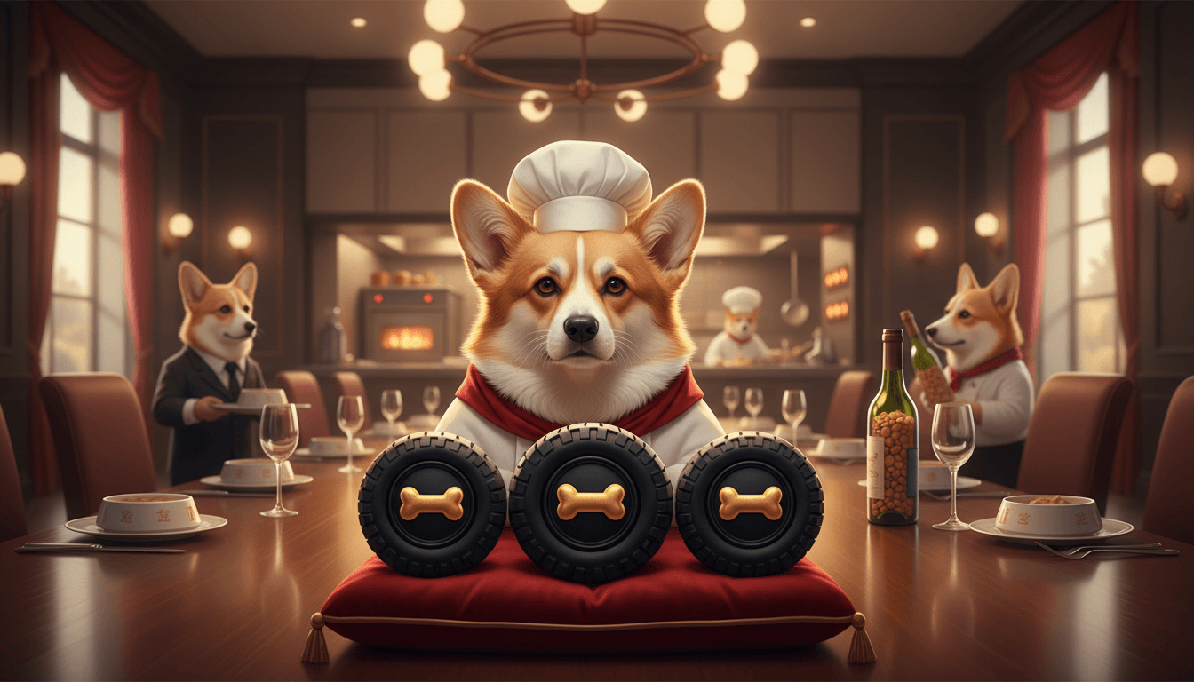 Corgi chef meticulously reviewing a miniature Michelin Guide.
