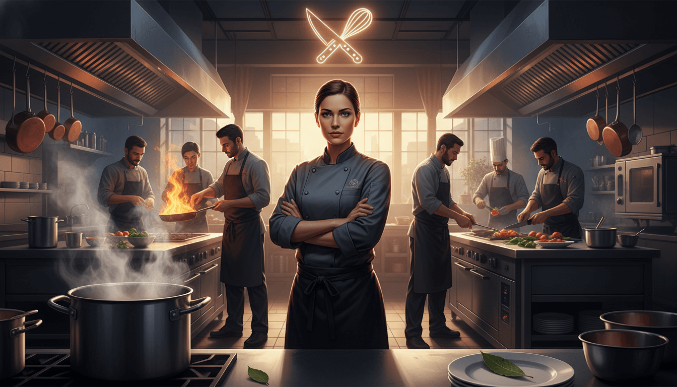 Expert sous-chef confidently leads a pristine kitchen, ready for any challenge.