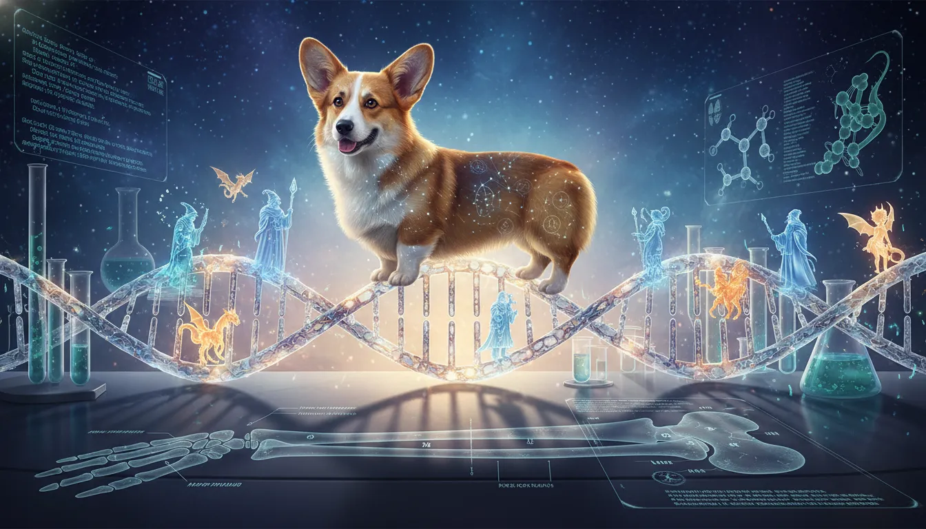 Magical DNA helix explaining how a corgi inherited its short legs.