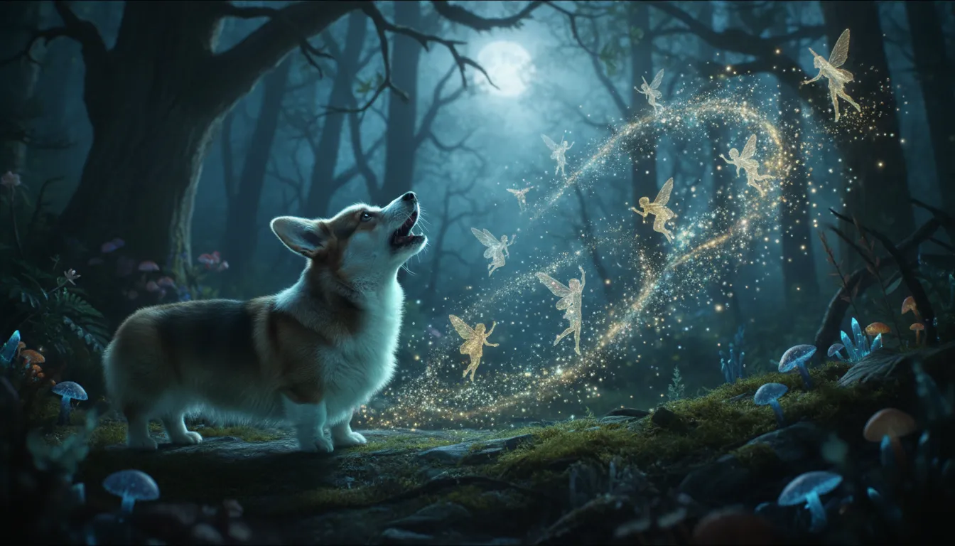Corgi barking at an invisible fairy in a whimsical field.