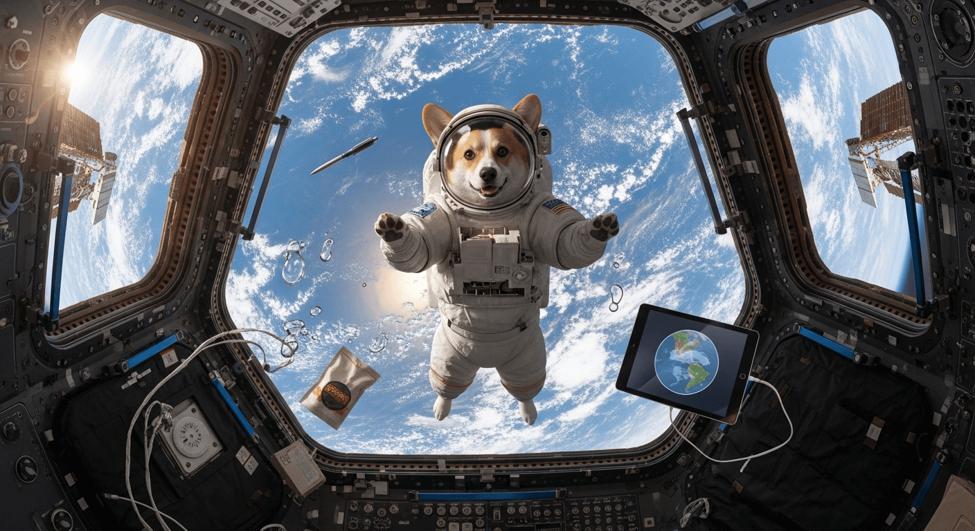 A corgi outside the space craft in outerspace, circling the earth