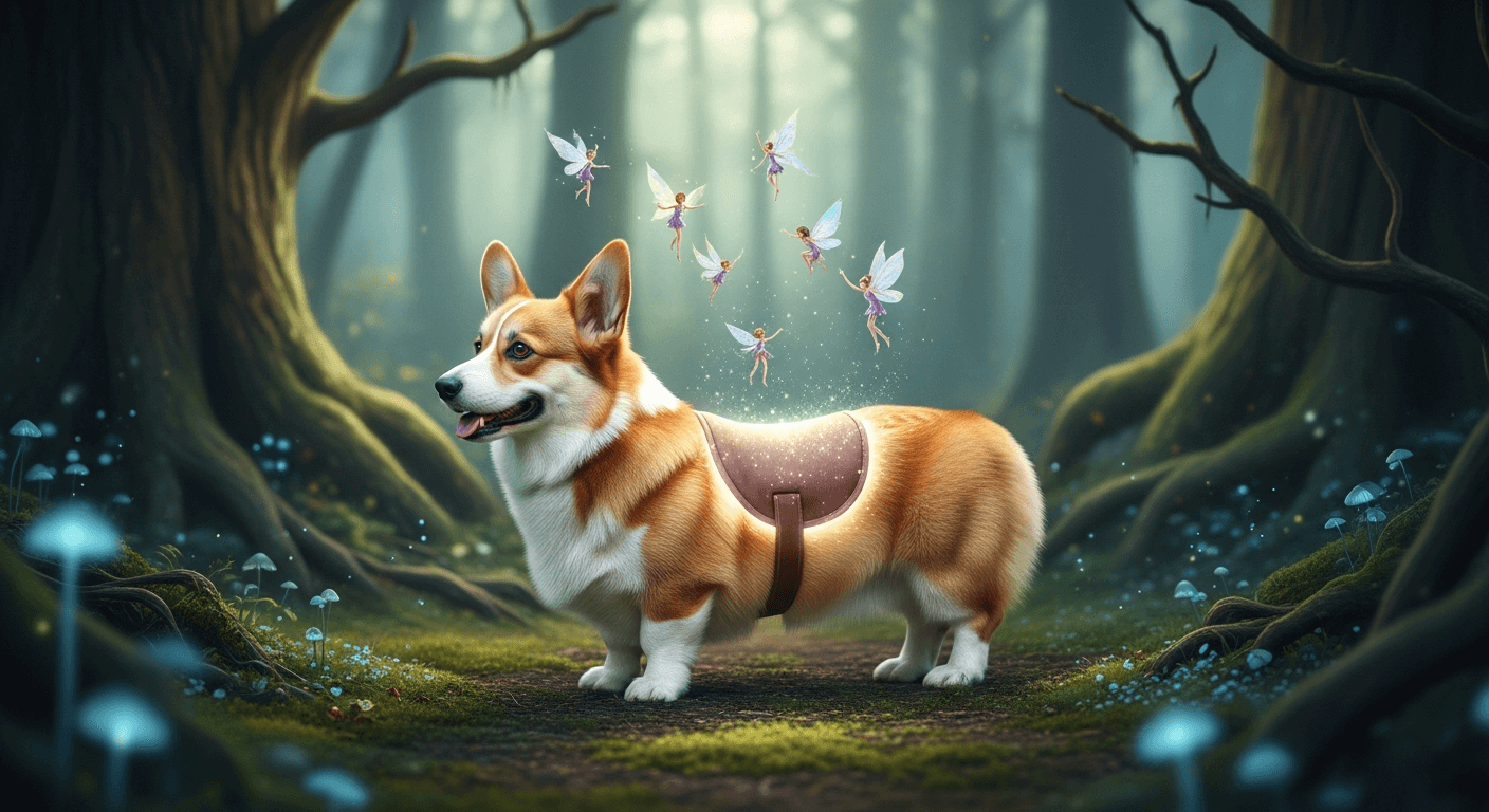 Fantasy illustration of a Corgi standing in a magical forest with glowing blue mushrooms, wearing a saddle and surrounded by tiny fluttering fairies.