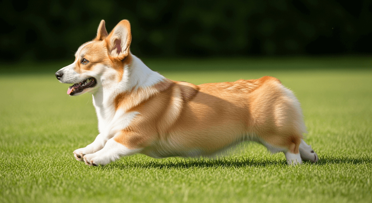 Side profile of a happy Corgi running across a green grassy field.