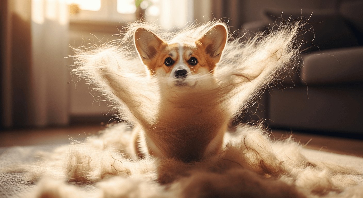 Exaggerated image of a Corgi sitting on a rug, surrounded by a massive explosion of loose shedding fur floating in the sunlight.