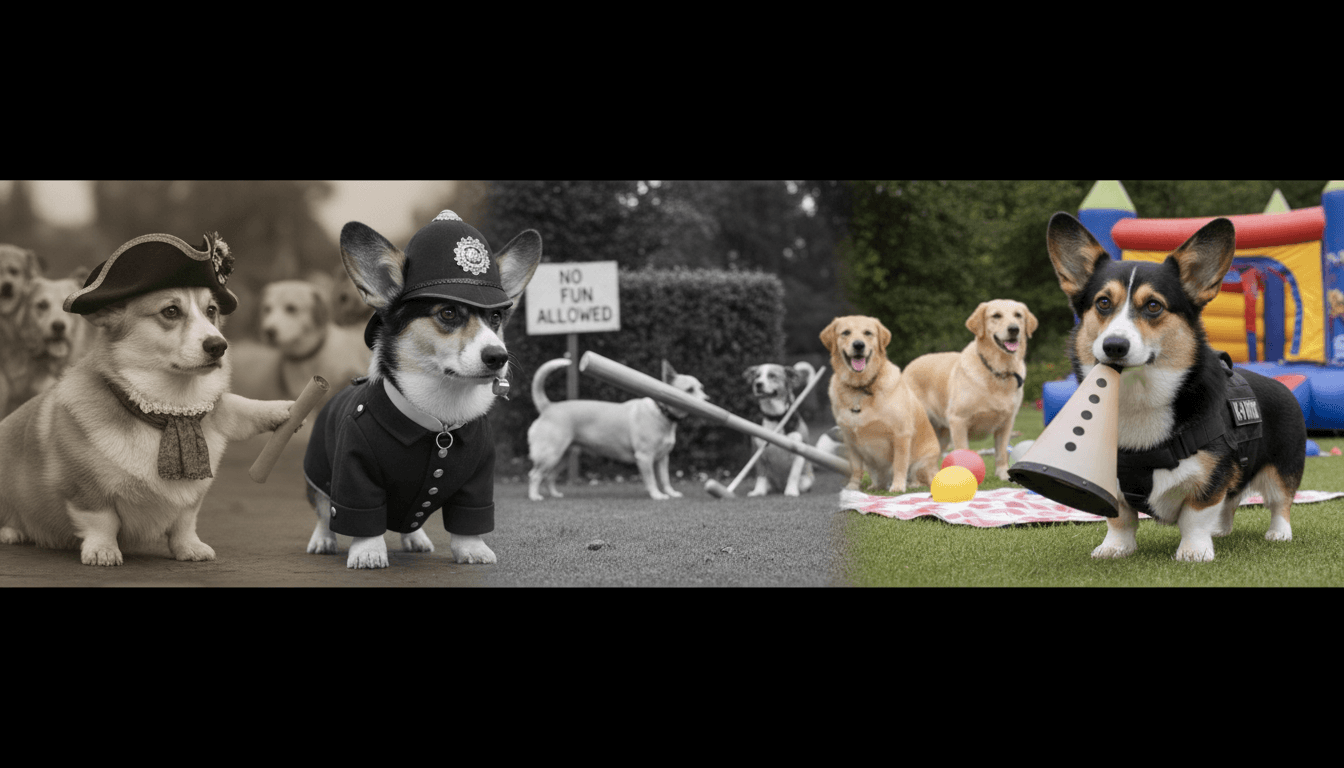 Historical montage of stern figures enforcing rules, symbolizing the fun police.