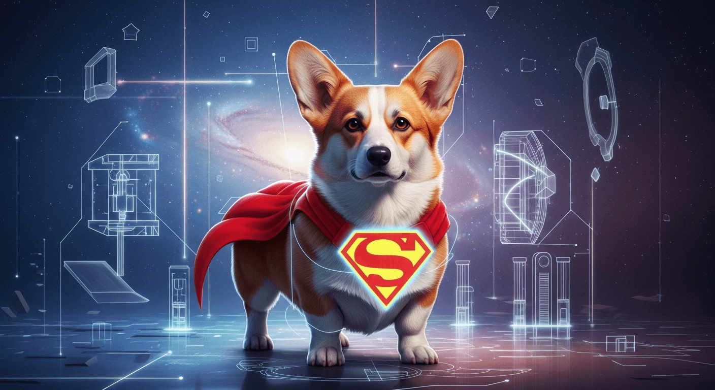 A cute Superman-corgi stands in a futuristic, digital space with a galaxy visible in the background.