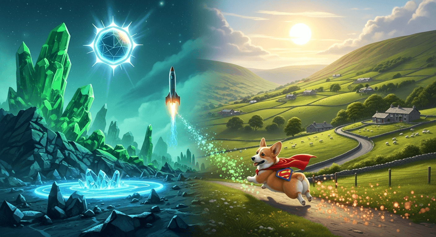 On the right, a joyful Superman-corgi runs along a winding path in a sunny, green pastoral landscape, leaving a trail of sparkling magic. On the left, a vibrant, alien world features glowing green crystals, a hovering geometric orb, and a rocket ship ascending into a turquoise sky, with a luminous blue portal on the ground.