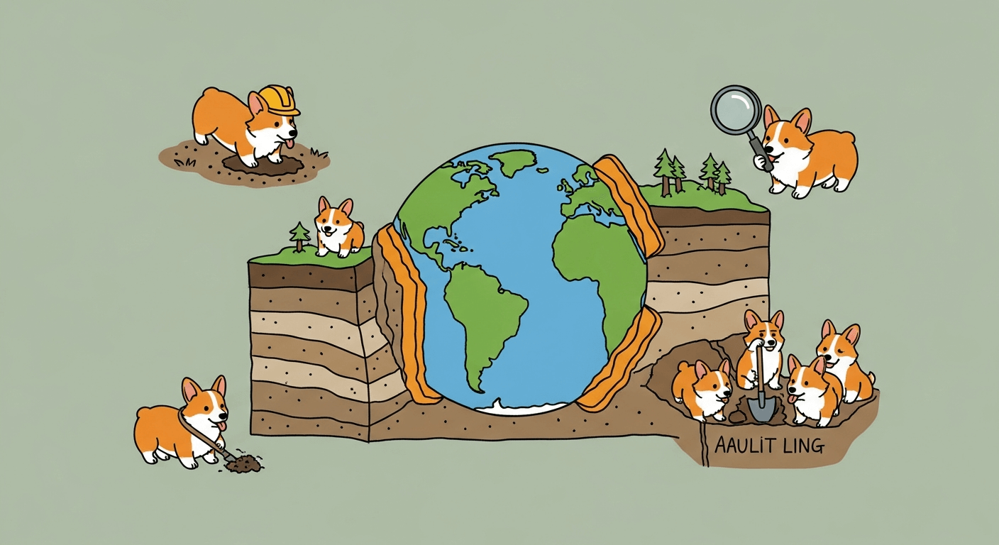 A humorous cartoon illustration of multiple Corgis digging in and investigating a cross-section of the earth that contains the globe.
