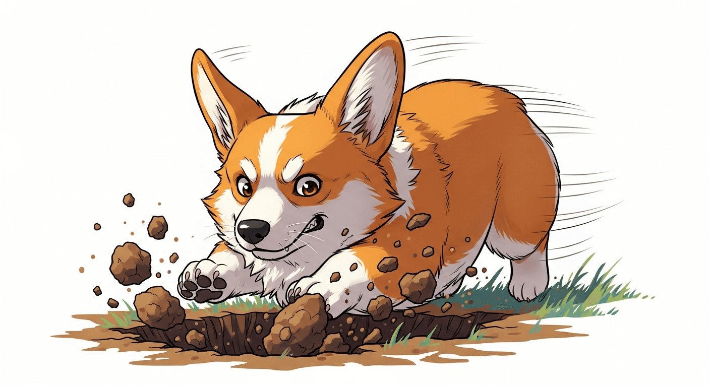 A cartoon Corgi digging enthusiastically in the dirt, sending clumps of soil flying.