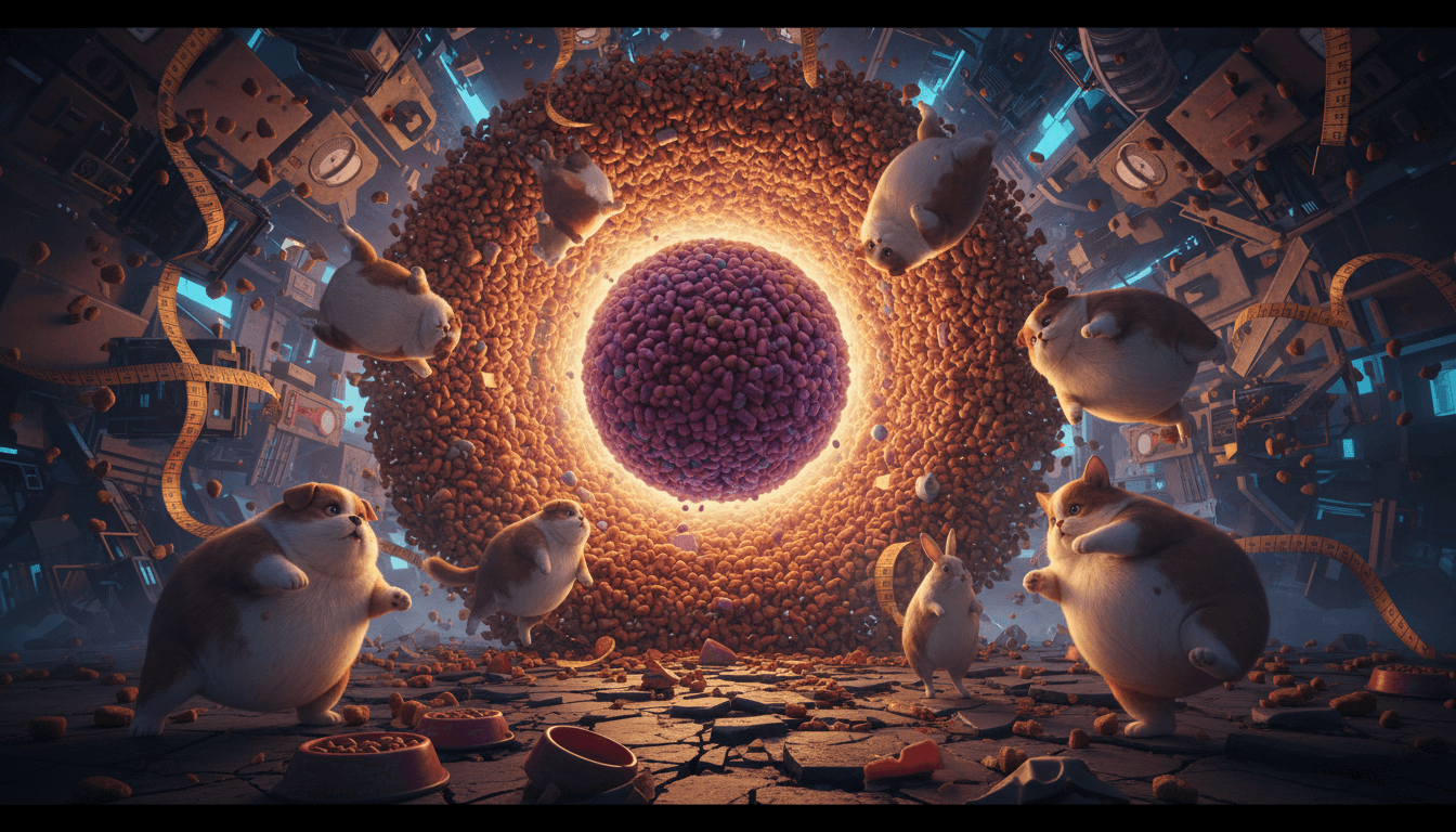 Endless kibble pile swirling into a black hole, symbolizing pet weight issues.