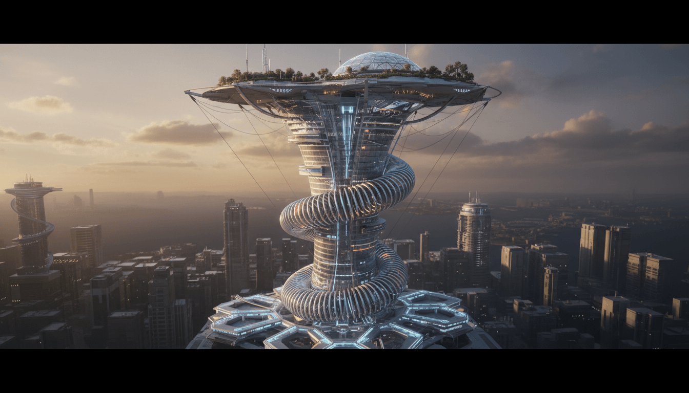 Coiled architectural column resembling a giant metallic slinky.