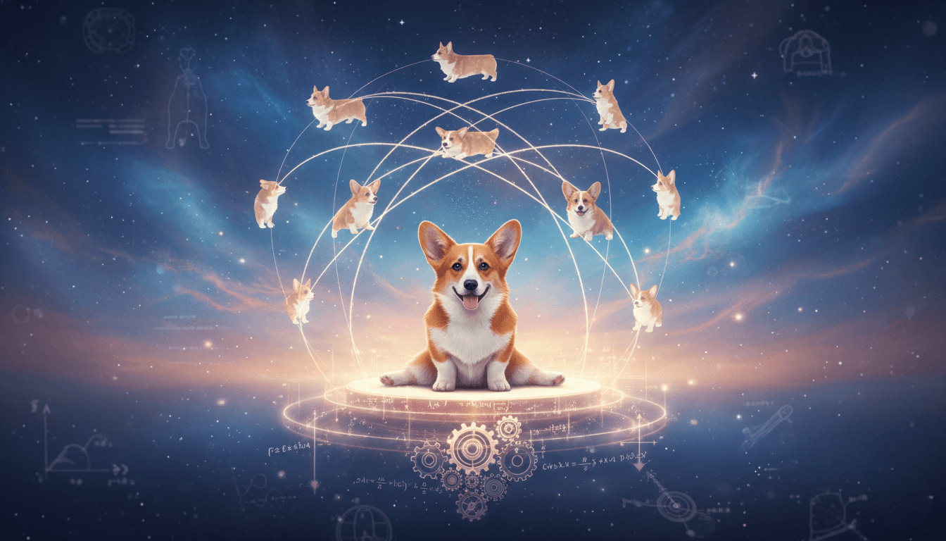 A majestic corgi sits centered on a glowing, ornate circular platform, its hind legs in a "sploot" pose, radiating an aura of wisdom. Around it, smaller corgis in various "sploot" and sitting positions are arranged in an orbital pattern, connected by glowing lines like a celestial model. The background is a cosmic scene of deep blues, purples, and oranges, with subtle scientific diagrams and equations faintly visible, suggesting a grand, unified theory of corgi biomechanics.