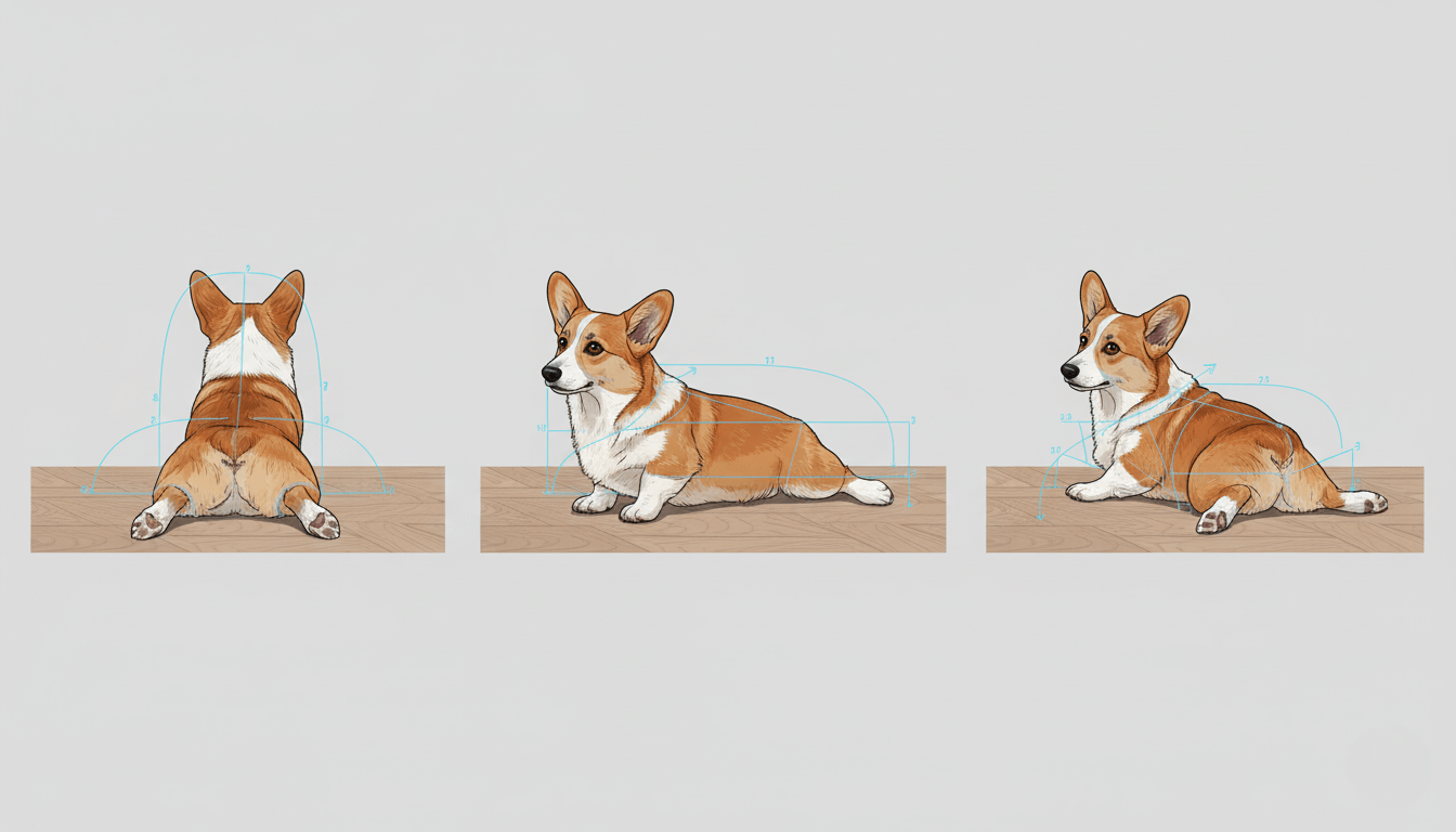 Three stylized illustrations of a corgi in different "sploot" configurations, presented as if in a scientific study. From left to right: a rear view of a corgi in a full "froggy sploot" with legs splayed symmetrically, a side view of a corgi in a half-sploot with one leg extended, and another side view of a corgi in a full "superman sploot" with both hind legs stretched straight back. Each illustration has light blue arcs, lines, and numbers overlaid on it, indicating angles and measurements as part of a kinematic analysis. The corgis are on a light wooden surface against a plain light gray background.