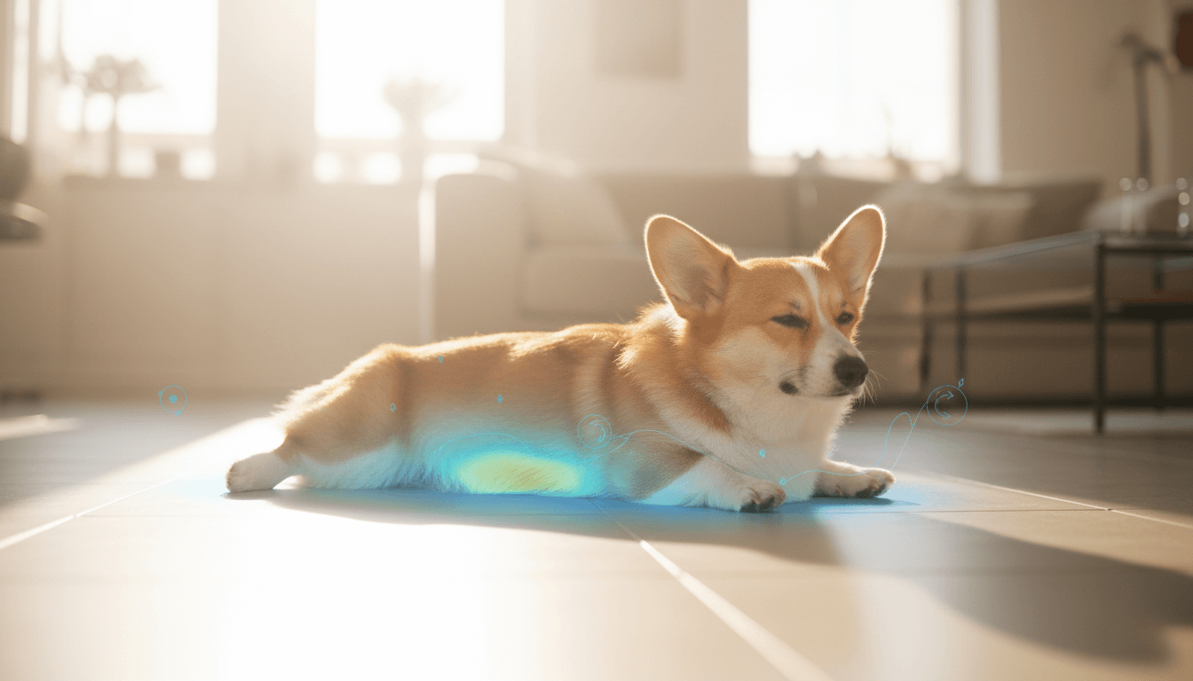 A corgi lies in a relaxed sploot position on a cool tiled floor, with sunlight streaming in from a window in the background creating a soft, warm glow. A heatmap-like visual effect in shades of blue and yellow is overlaid on its belly and the floor beneath it, indicating areas of coolness and heat transfer. Faint circular diagrams and subtle glowing lines are also present, suggesting scientific analysis of thermodynamics.