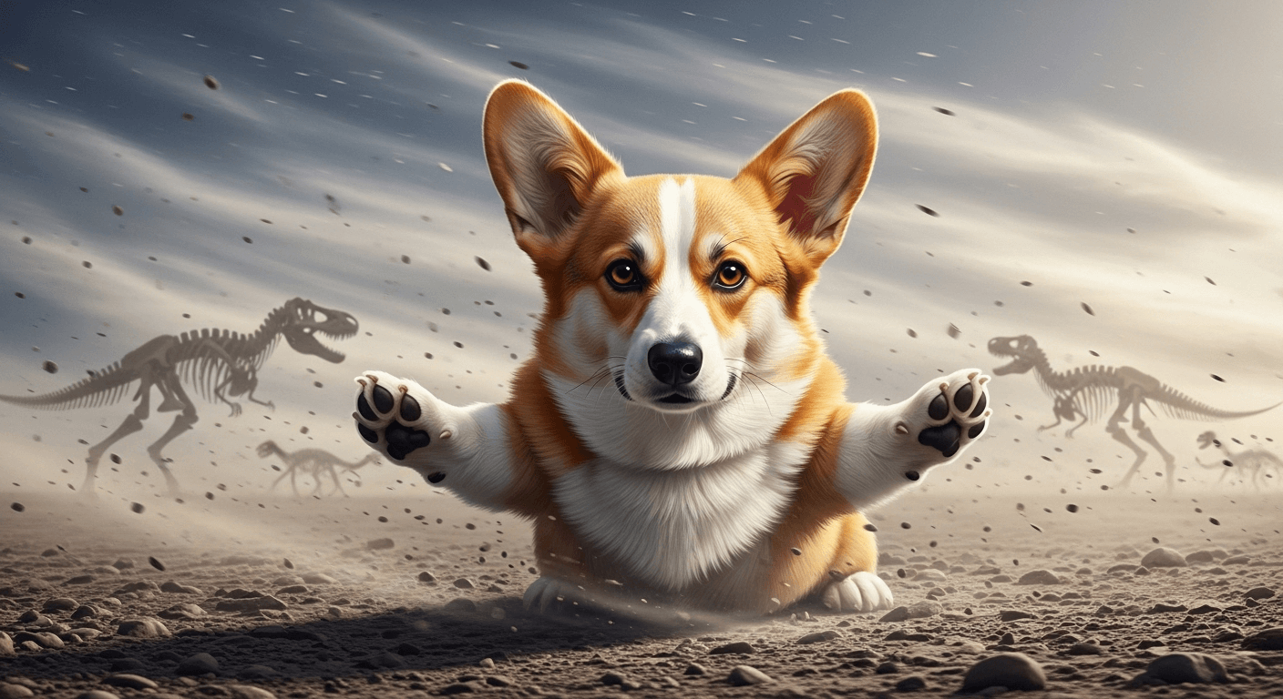 Corgi lying low on a dusty, windy landscape with dinosaur skeletons in the background.