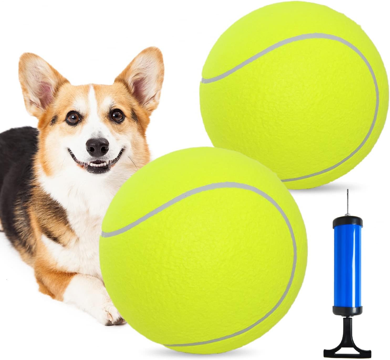 A pair of bright yellow, 9.5-inch giant inflatable tennis balls for dogs, shown with an included inflation pump and needle.