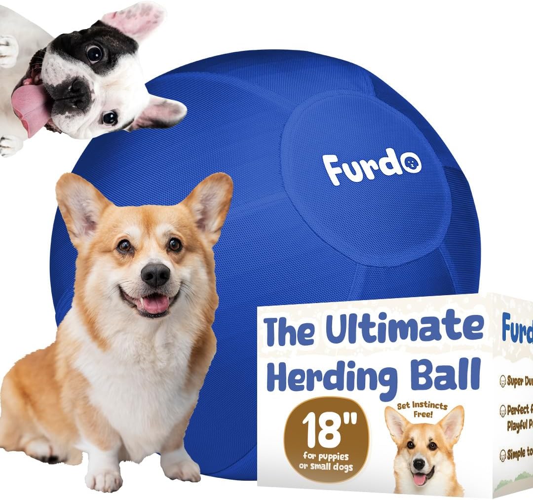 A blue Furdo 18-inch herding ball for dogs, designed for active play and exercise.