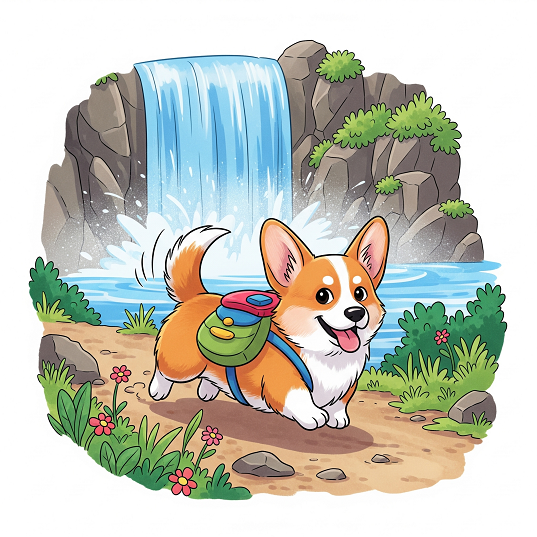 A cartoon, happy corgi with a backpack going on an adventurous hike!