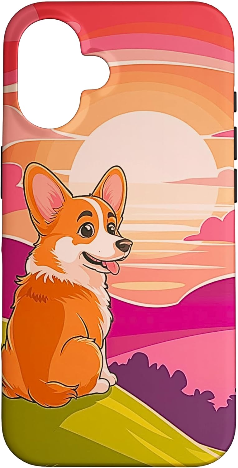 A protective iPhone 16 case featuring a charming cartoon Corgi against a vibrant sunset.