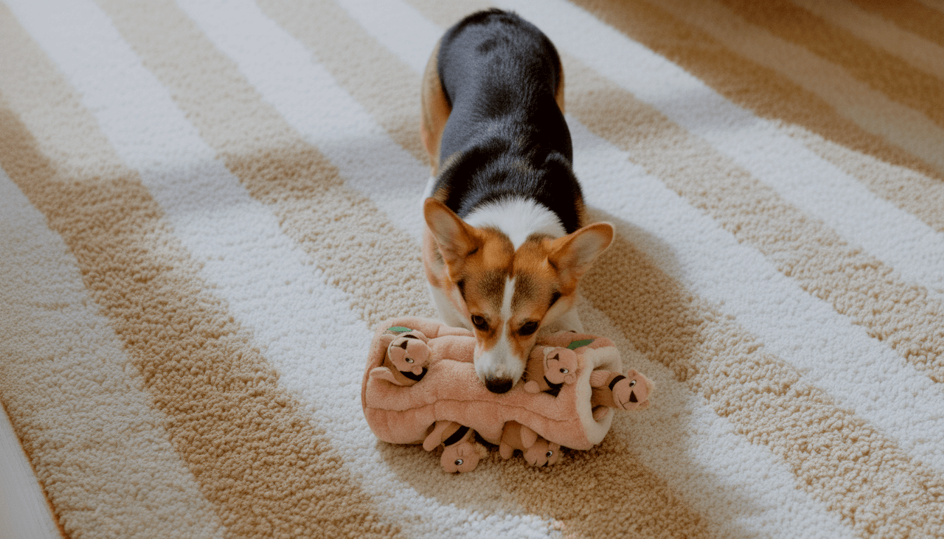 Rufus on the carpet playing with a Hide-A-Squirrel