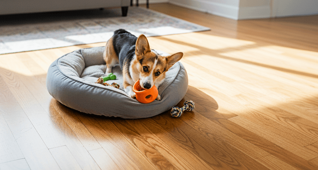 Rufus playing with a West Paw Toppl