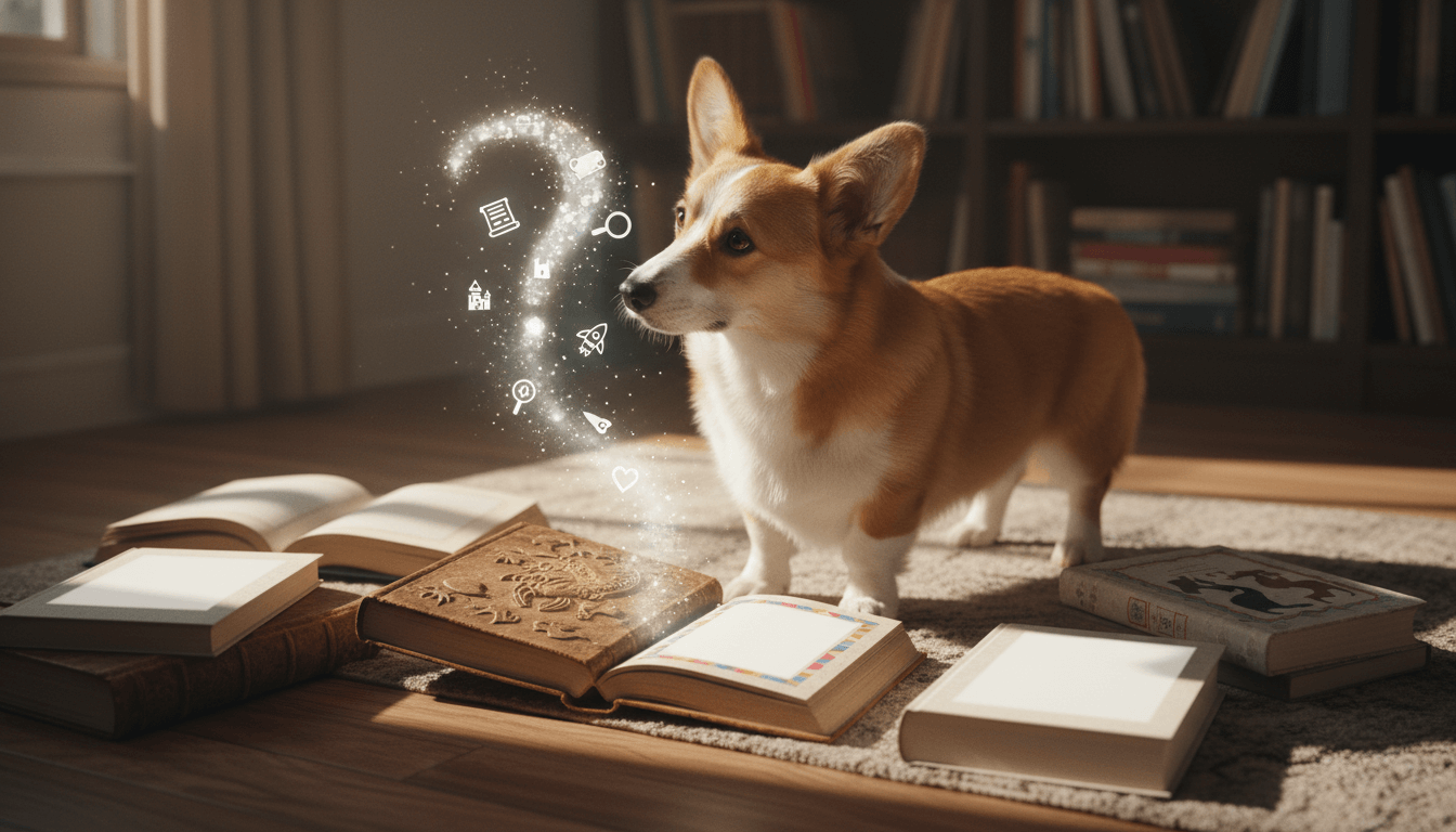 Question marks hovering over various book covers.