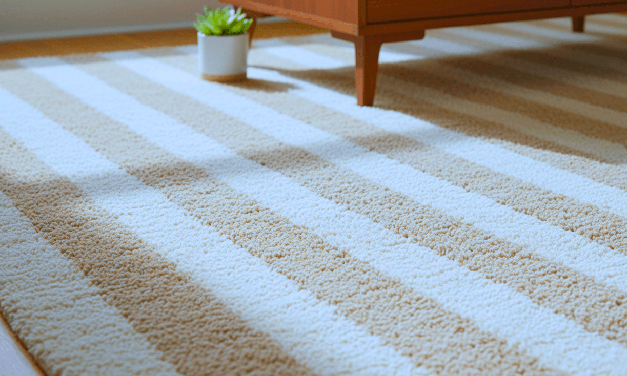 Close-up of a clean, beige and white striped area rug with a plush texture in a sunlit living room.