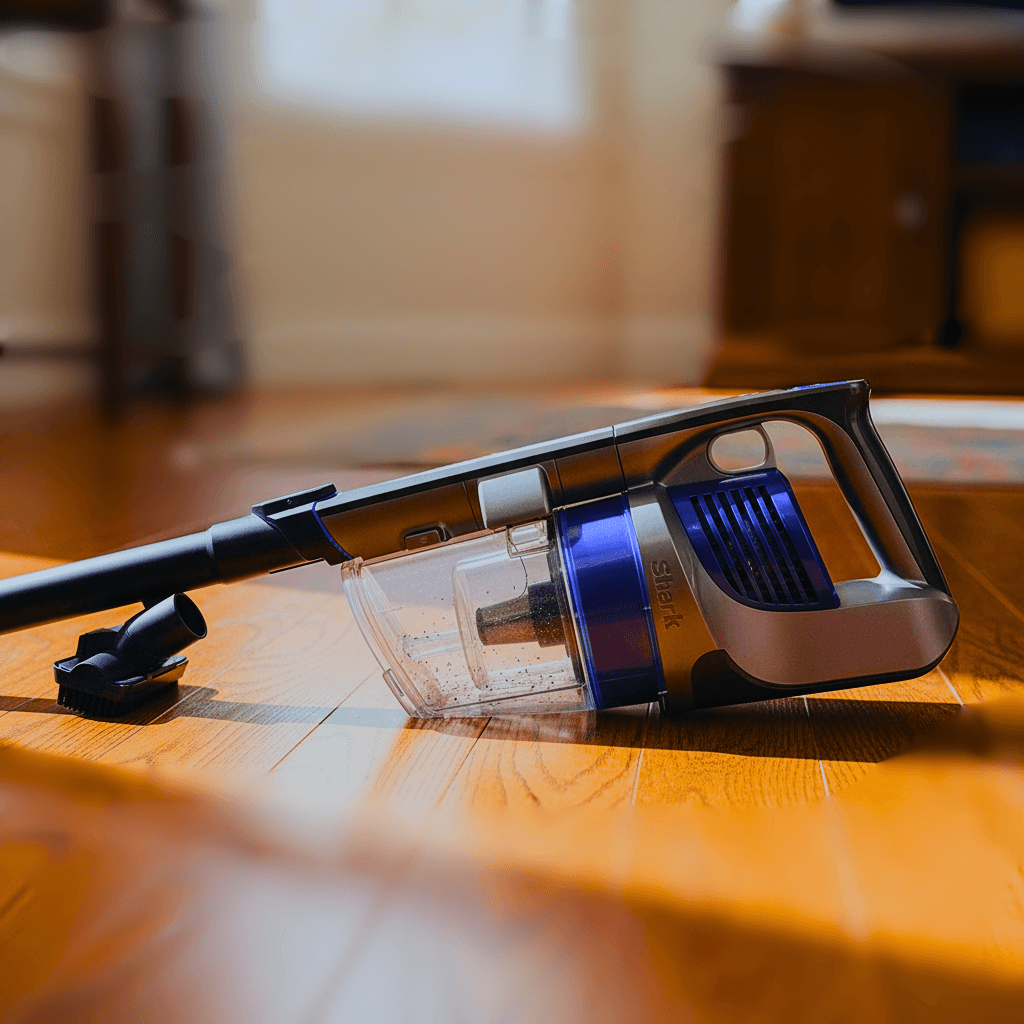 Shark Rocket IX141 resting on a sunlit hardwood floor, featuring a transparent dust cup and blue filter housing.