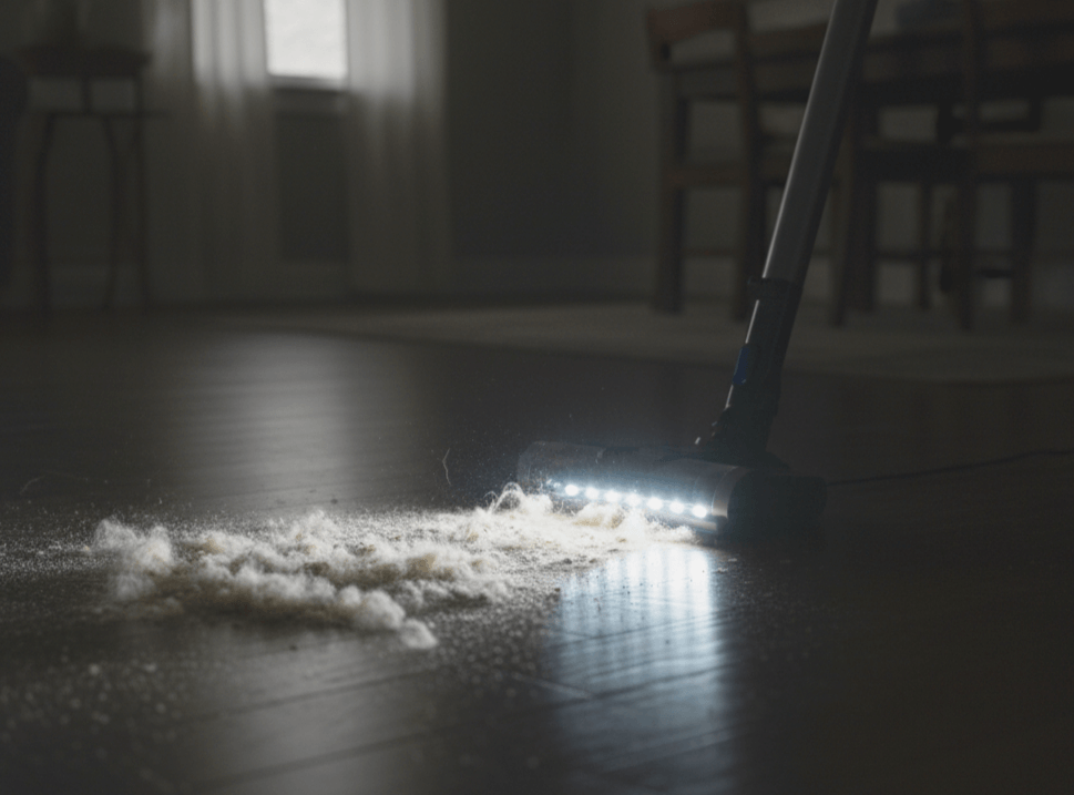 Shark Rocket IX141 illuminating dust and debris on a dark hardwood floor.