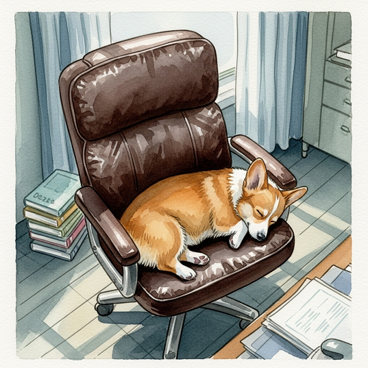 A water color image depicting a corgi sleeping on an office chair.