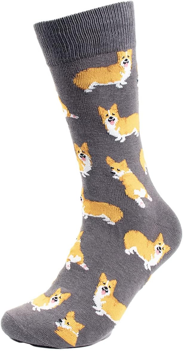 Men's gray crew socks featuring a fun Corgi dog pattern.