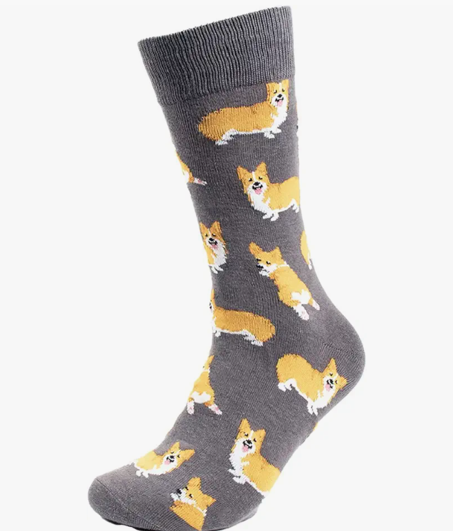 Men's gray crew socks featuring a fun Corgi dog pattern.
